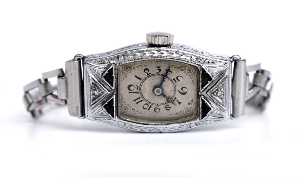 Art Deco Ladies White Gold Filled Watch With Emeralds, Serviced, c1928 View V