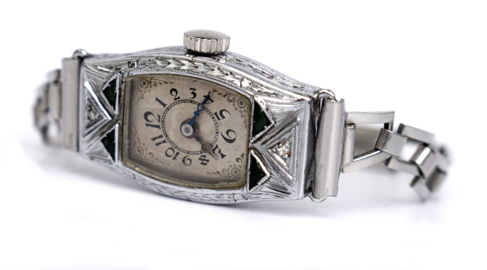 Art Deco Ladies White Gold Filled Watch With Emeralds, Serviced, c1928 View VI