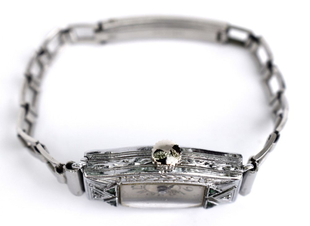 Art Deco Ladies White Gold Filled Watch With Emeralds, Serviced, c1928 View VII