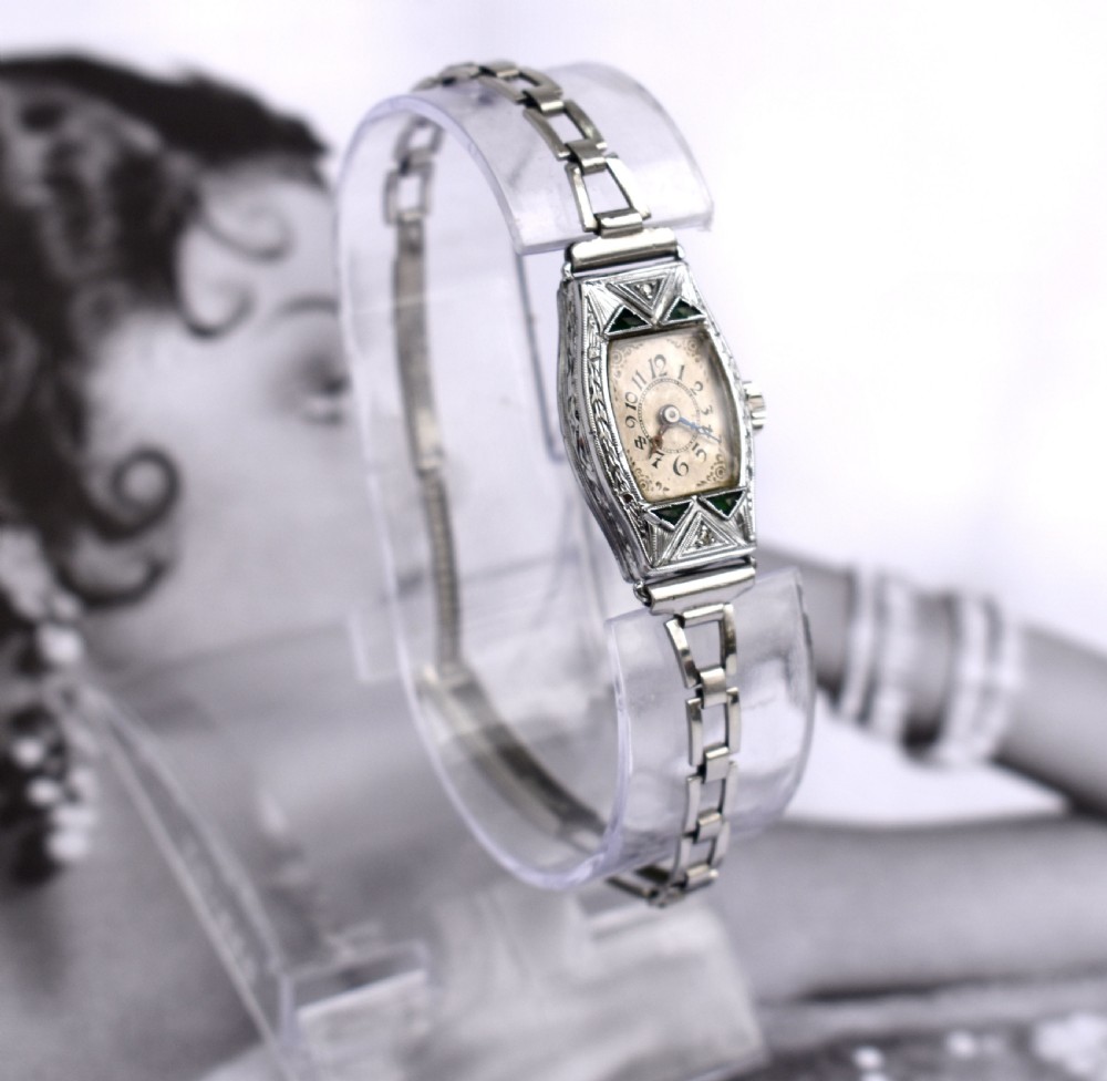 Art Deco Ladies White Gold Filled Watch With Emeralds, Serviced, c1928 View IX
