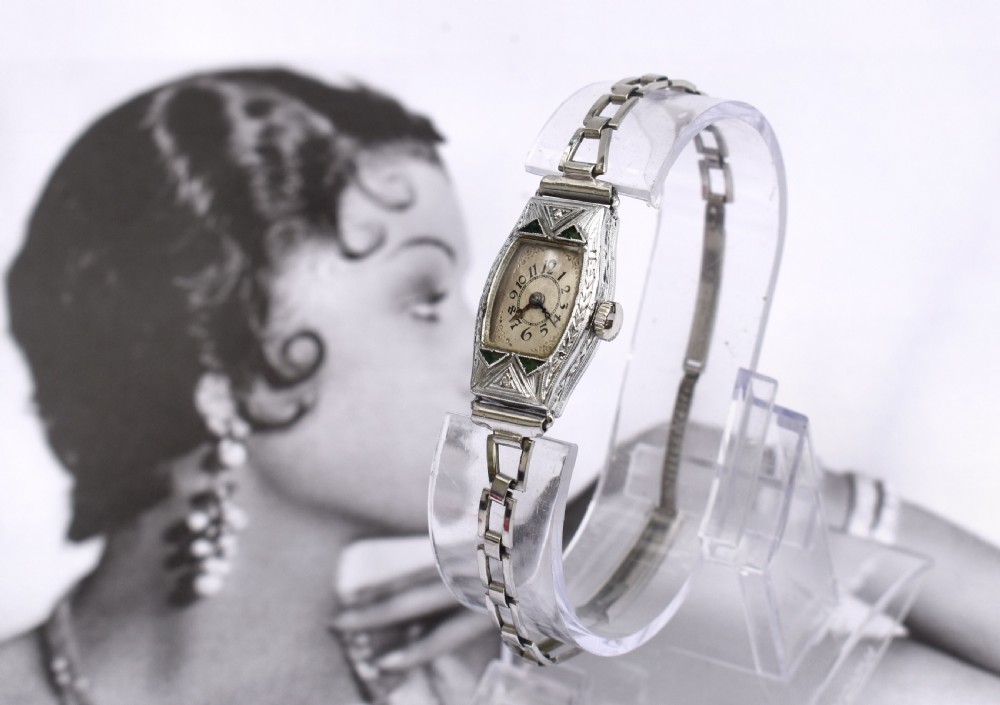 Art Deco Ladies White Gold Filled Watch With Emeralds, Serviced, c1928 View X