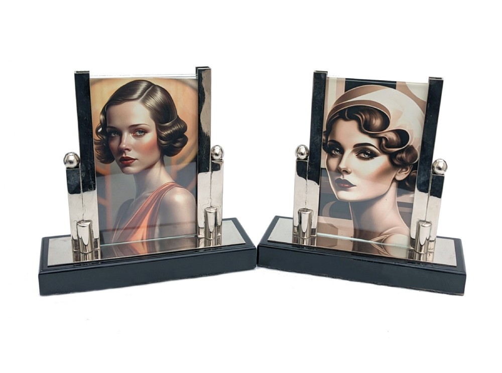 Art Deco Chrome & Glass Free Standing Matching Picture Frames, c1930