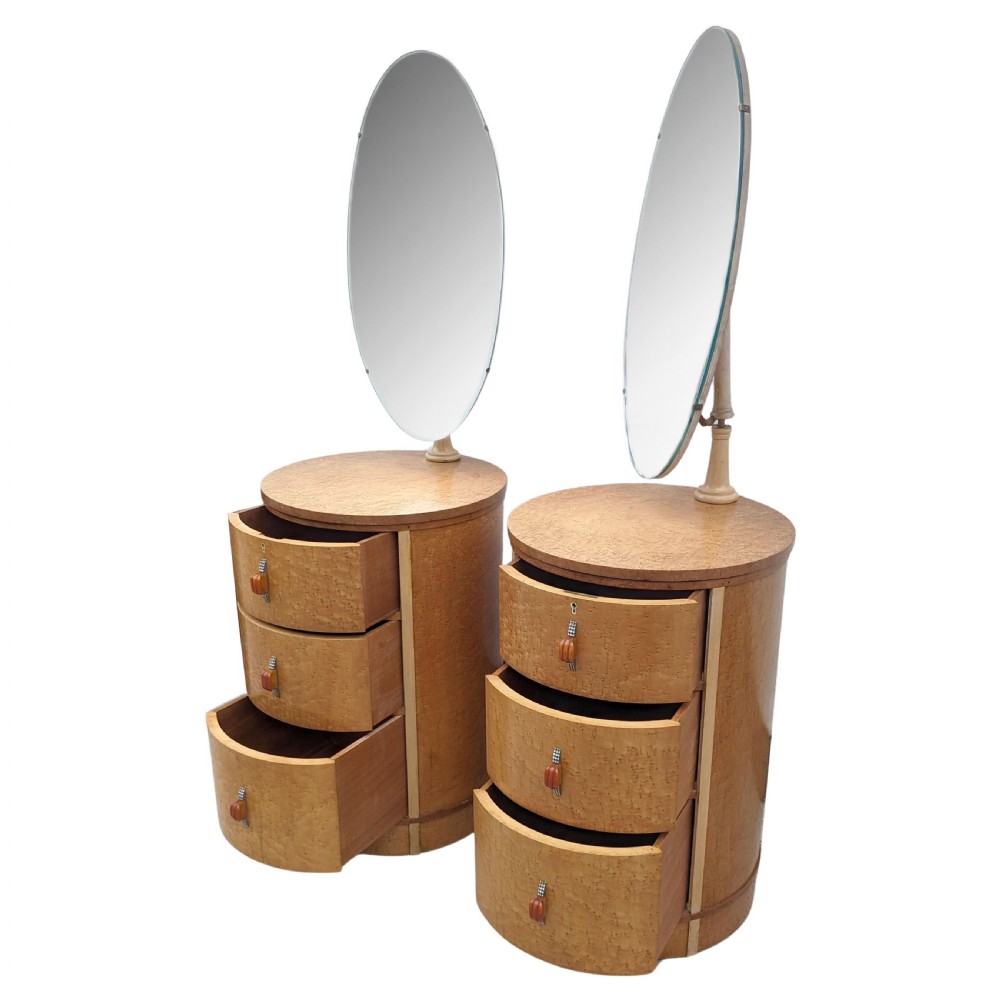 Art Deco Drum Shaped Maple Bedside Tables With Mirrors, c1930 View II