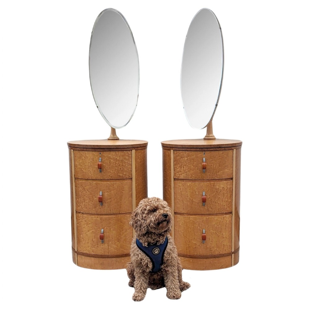 Art Deco Drum Shaped Maple Bedside Tables With Mirrors, c1930 View V