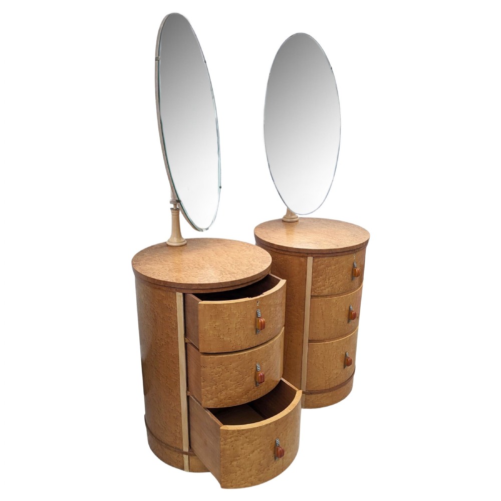 Art Deco Drum Shaped Maple Bedside Tables With Mirrors, c1930 View VIII