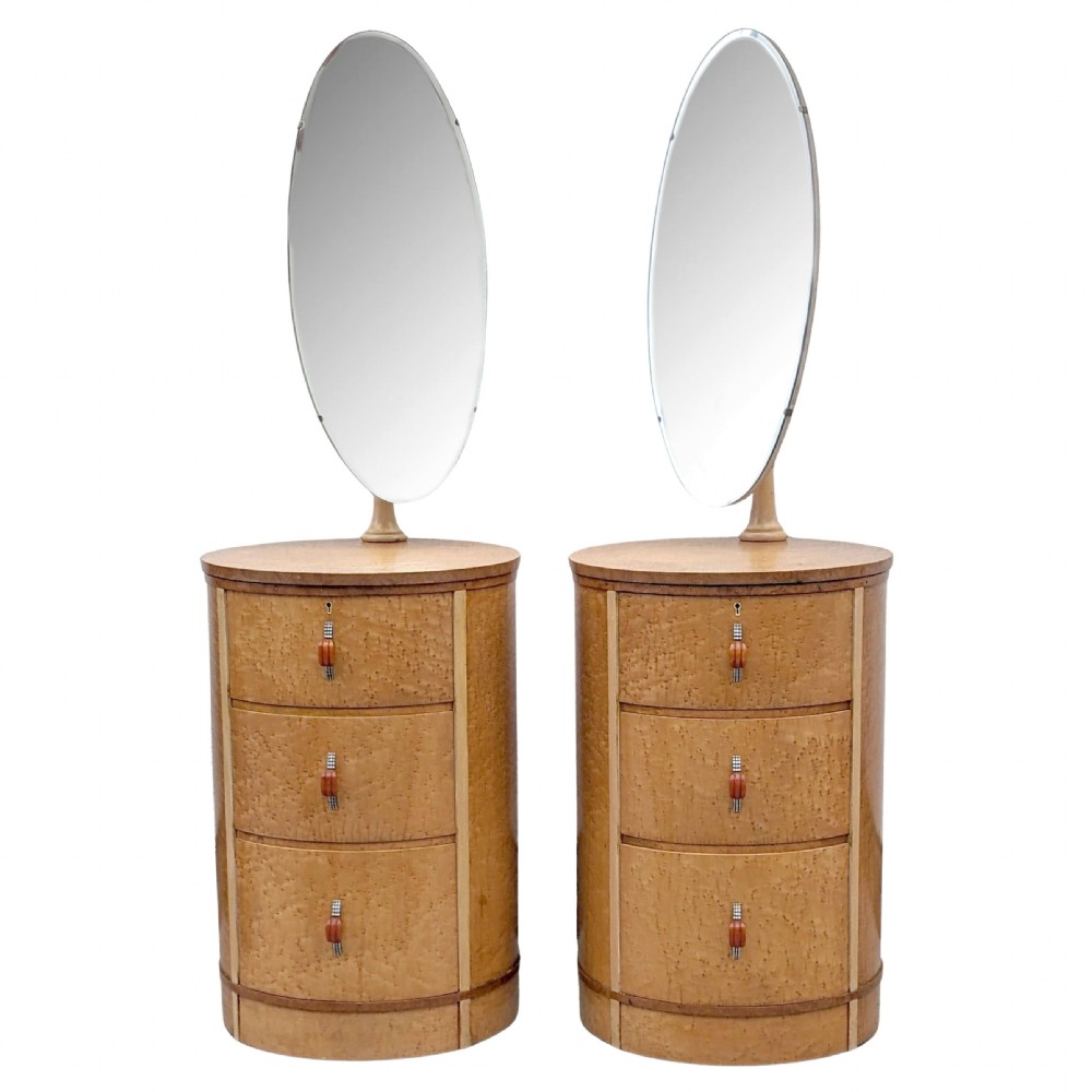 Art Deco Drum Shaped Maple Bedside Tables With Mirrors, c1930