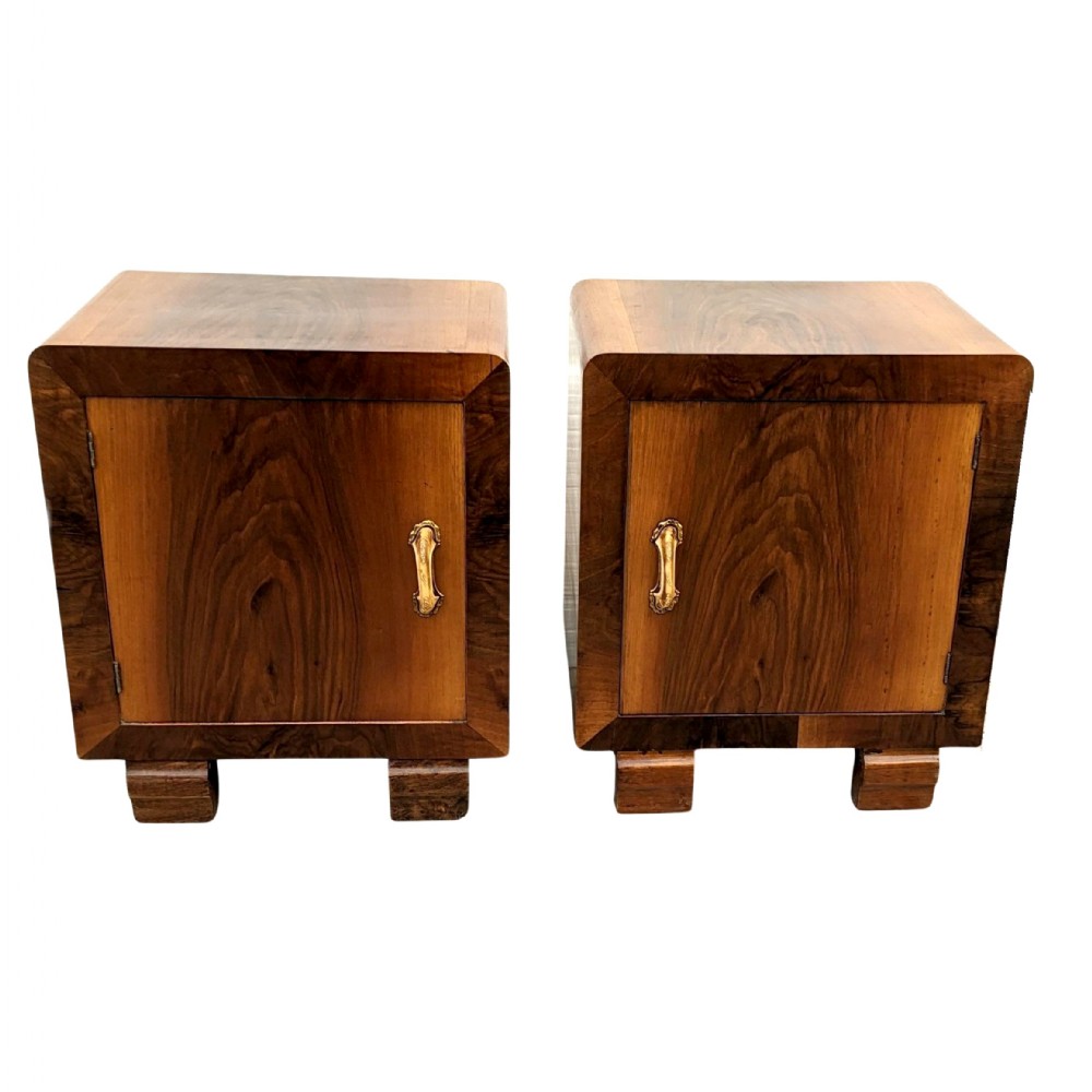 Art Deco Italian Matching Pair Of Walnut Bedside Cabinets, c1930