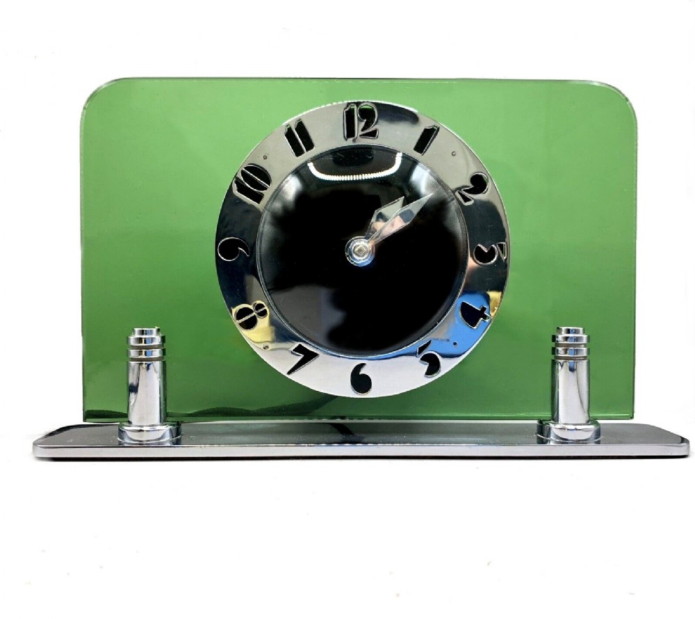 Art Deco Modernist Green Glass Electric Clock By Smiths