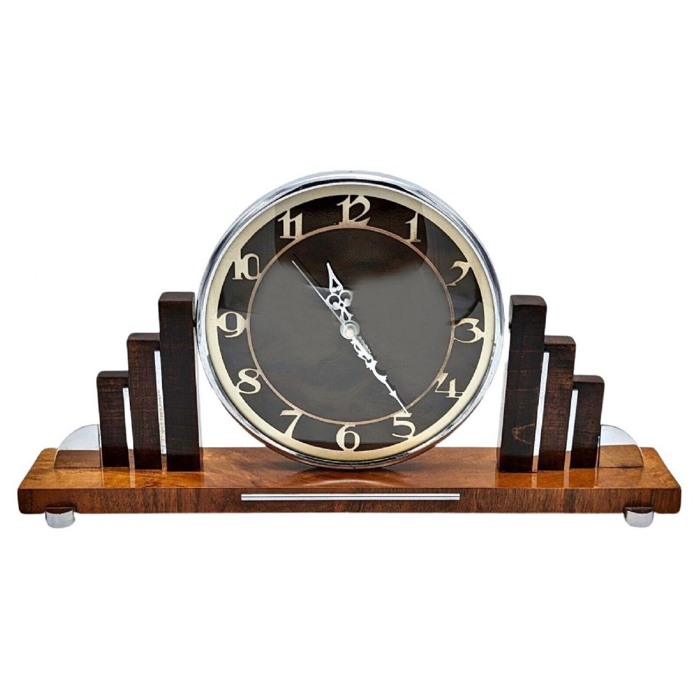 Art Deco Skyscraper Chrome & Walnut Mantle Clock, English, c1930