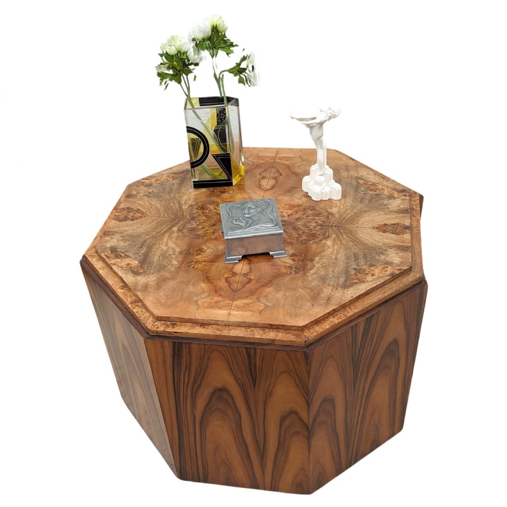An octagonal Art Deco occasional table crafted from rich burr walnut with a lower shelf and broad panel legs. View III