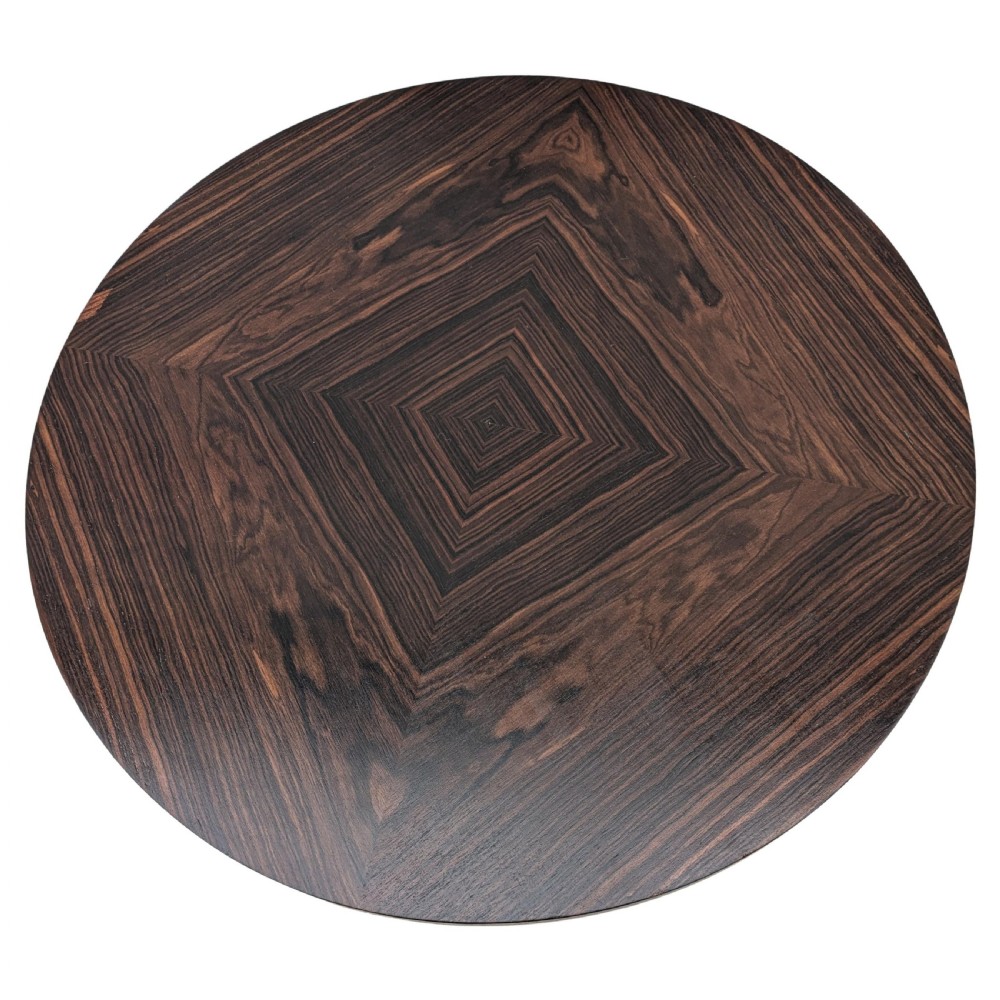 An Art Deco circular dark wood centre table featuring three tiered shelves supported by four vertical legs resting on a solid round base. View VII