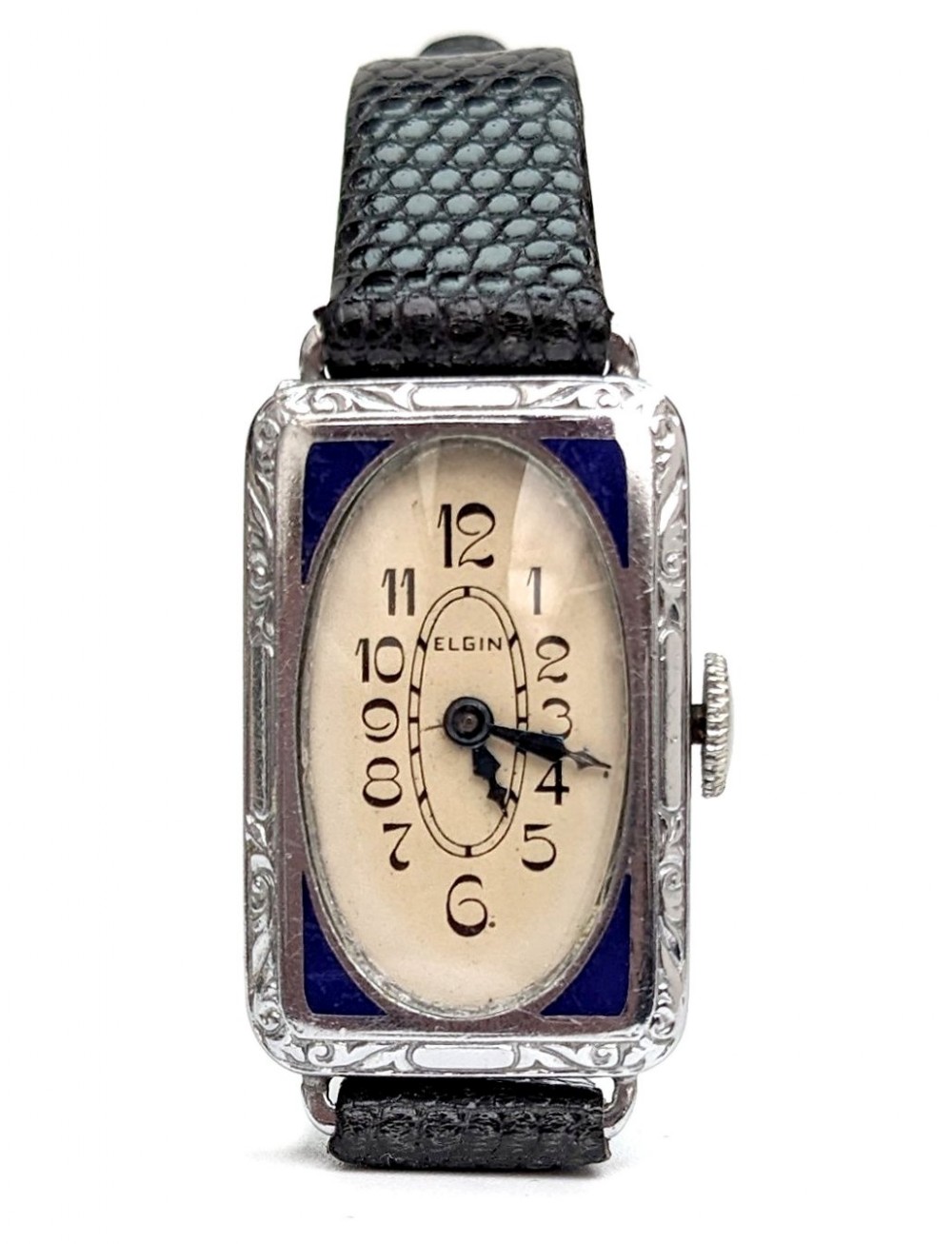 Art Deco Blue Enamel & White Gold Ladies Watch By Elgin, Serviced, c1928