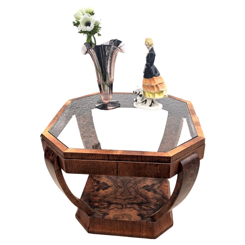 Art Deco Two Tier Walnut & Glass Occasional Table, English, c1930