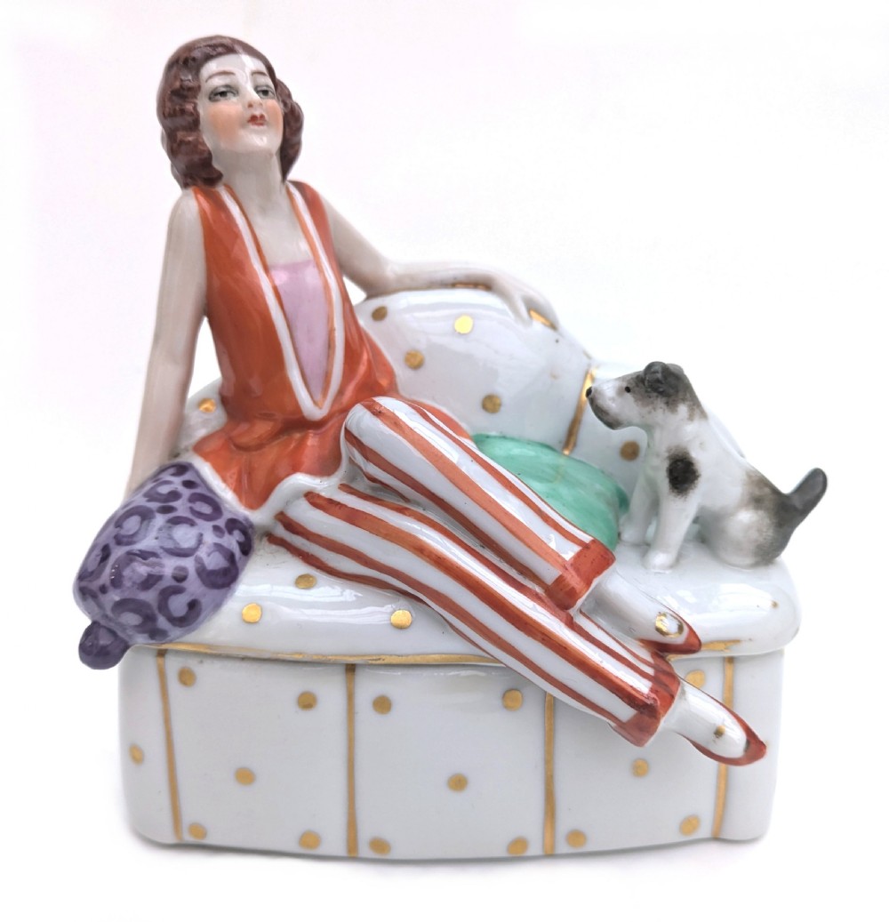 Art Deco Flapper Girl & Dog Ceramic Powder Box Bowl, c1930's