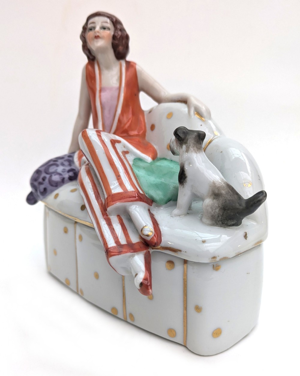 Art Deco Flapper Girl & Dog Ceramic Powder Box Bowl, c1930's View II