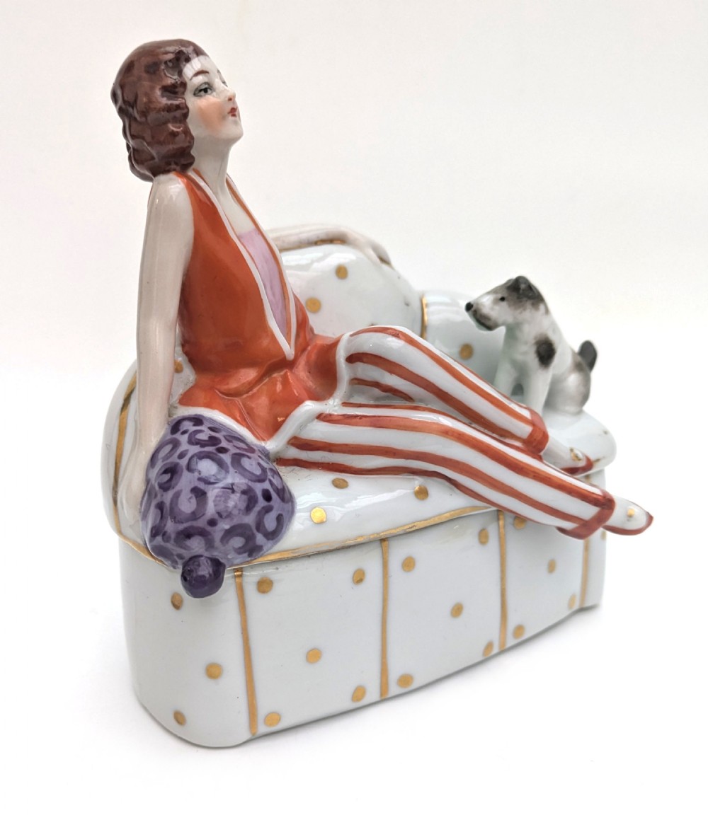 Art Deco Flapper Girl & Dog Ceramic Powder Box Bowl, c1930's View III