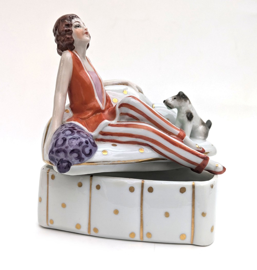 Art Deco Flapper Girl & Dog Ceramic Powder Box Bowl, c1930's View V