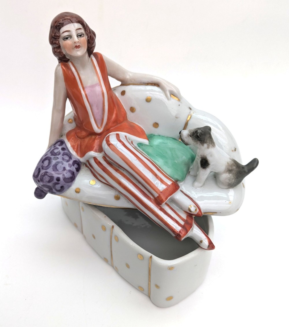 Art Deco Flapper Girl & Dog Ceramic Powder Box Bowl, c1930's View VI
