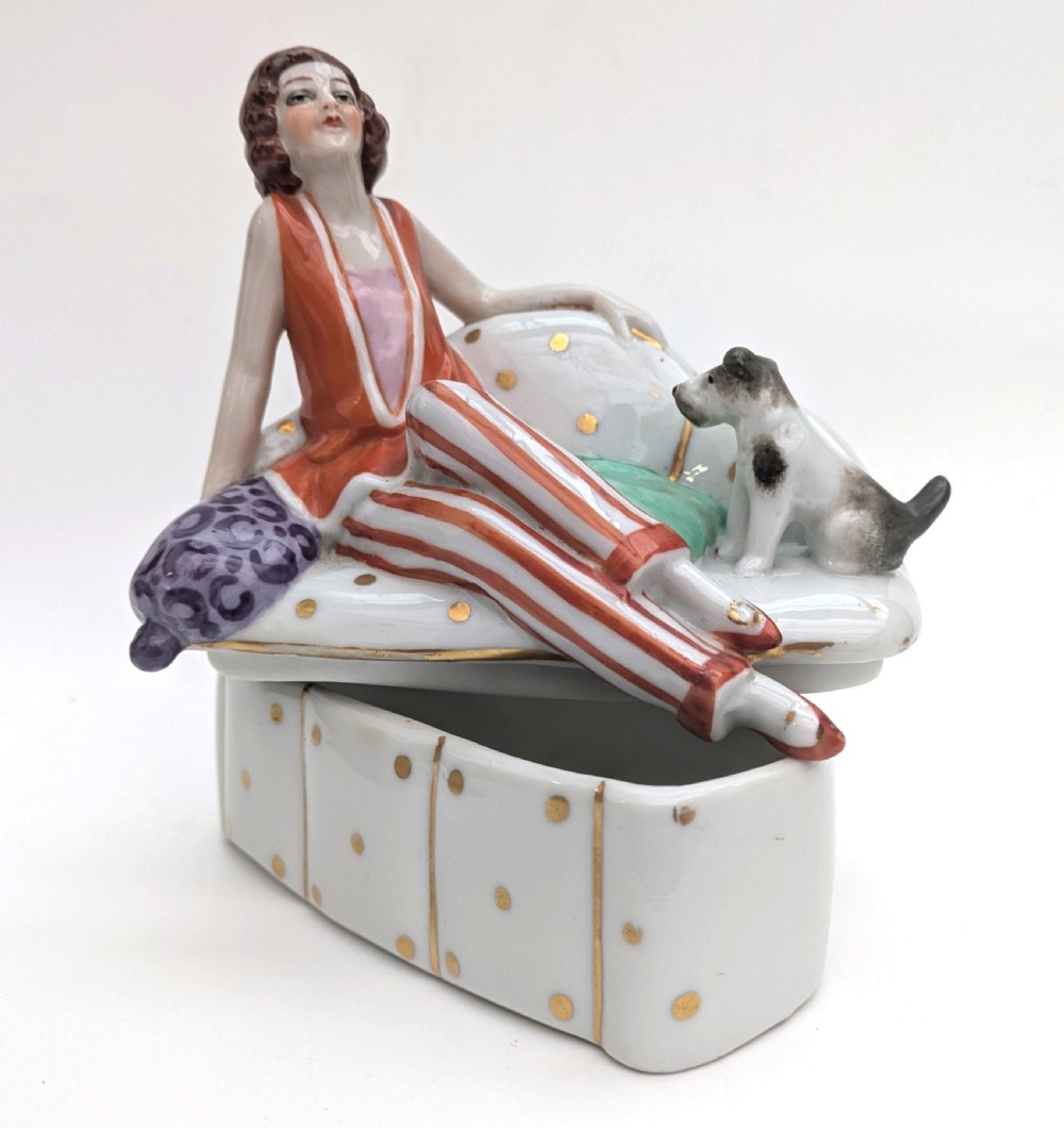 Art Deco Flapper Girl & Dog Ceramic Powder Box Bowl, c1930's View VII