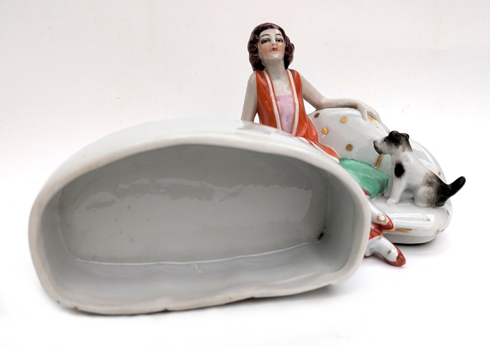 Art Deco Flapper Girl & Dog Ceramic Powder Box Bowl, c1930's View IX