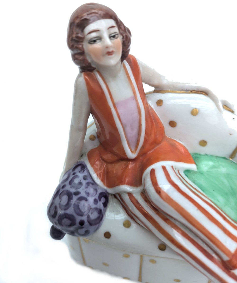 Art Deco Flapper Girl & Dog Ceramic Powder Box Bowl, c1930's View X
