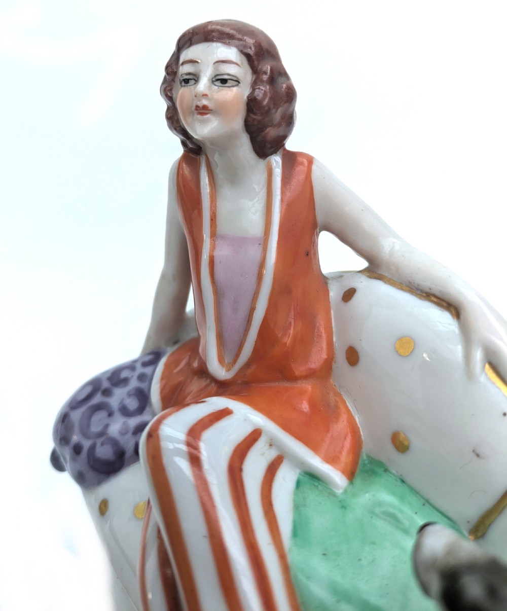 Art Deco Flapper Girl & Dog Ceramic Powder Box Bowl, c1930's View XIII
