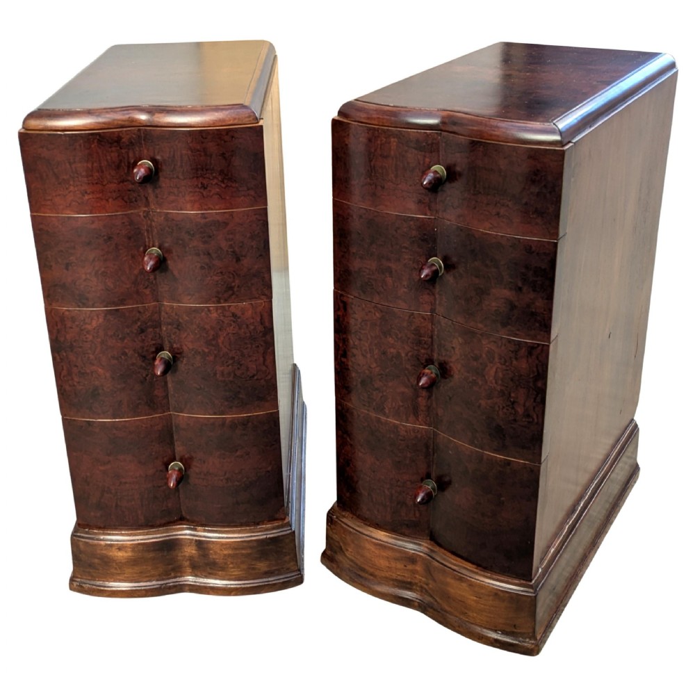 Matching Pair Of Walnut Art Deco Bedside Cabinet Nightstands, c1930