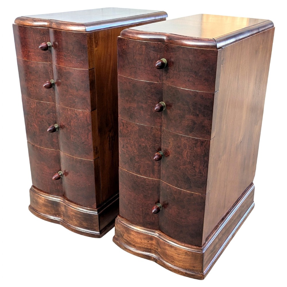 Matching Pair Of Walnut Art Deco Bedside Cabinet Nightstands, c1930 View V