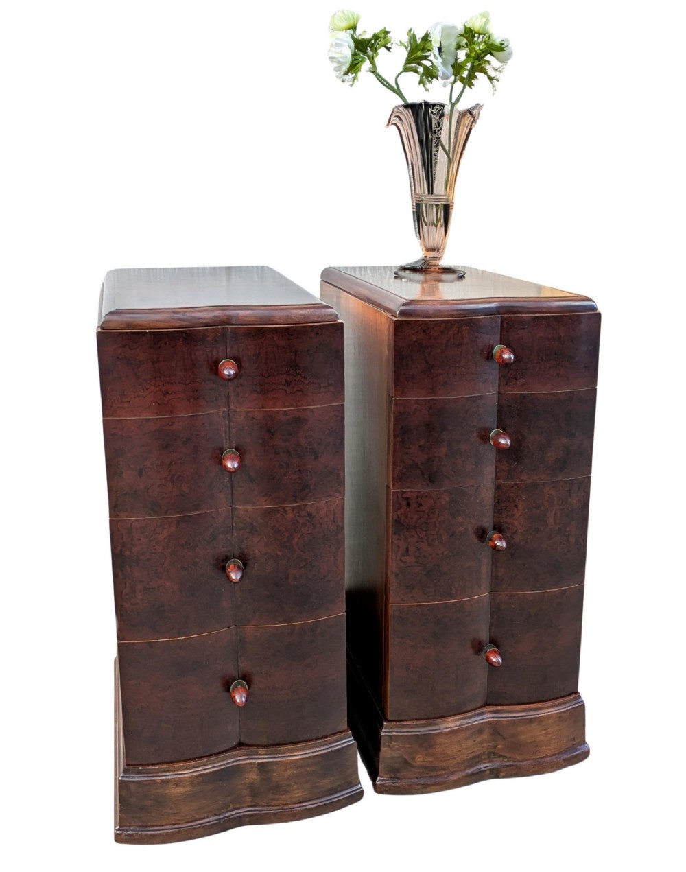 Matching Pair Of Walnut Art Deco Bedside Cabinet Nightstands, c1930 View X