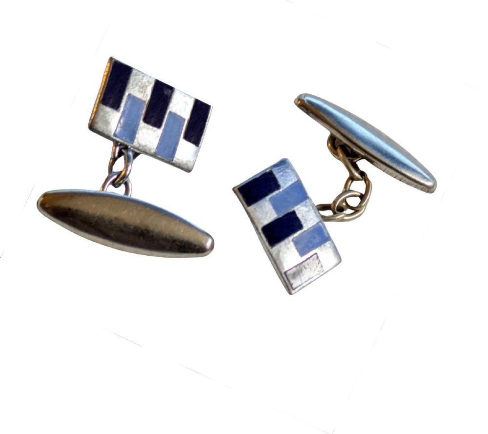 Art Deco Modernist Matching Pair of Enamel Gents Cufflinks, c1930 View V