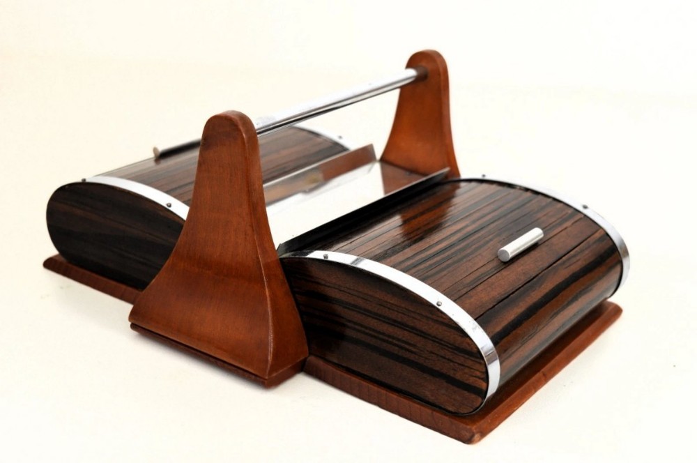Art Deco Walnut Roll Top Cigar Cady With Chrome Trim, French, c1930