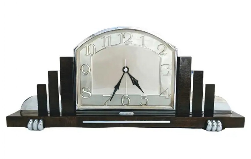 Art Deco Skyscraper Chrome & Walnut Mantle Clock, English, circa 1930