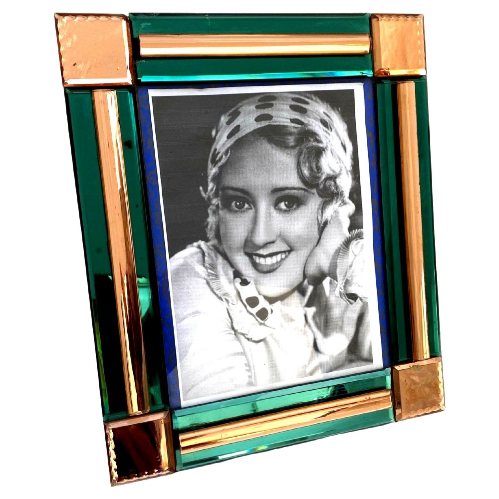 Art Deco Original Peach & Green Mirrored Bevelled Glass Picture Frame, c1930