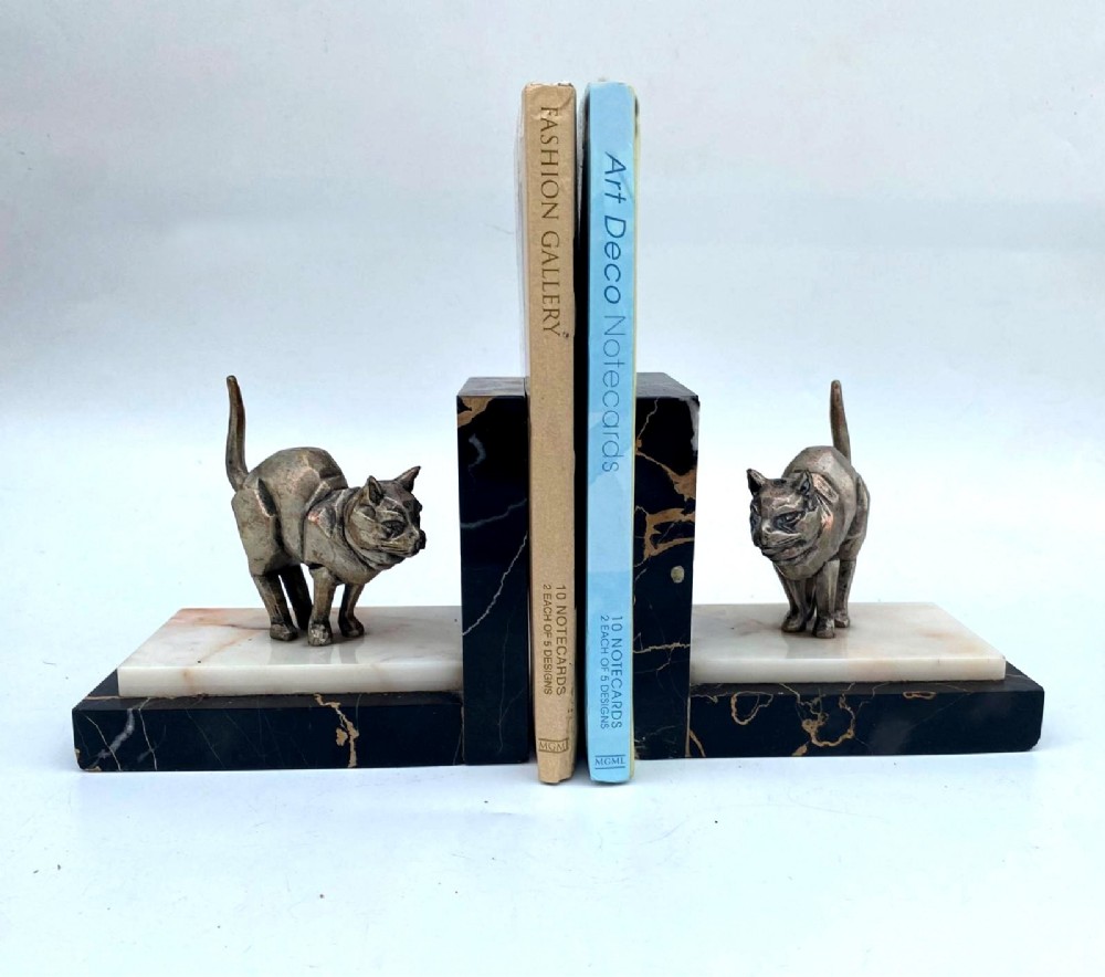 Art Deco Silvered Spelter & Marble Cat Bookends, French, c1930