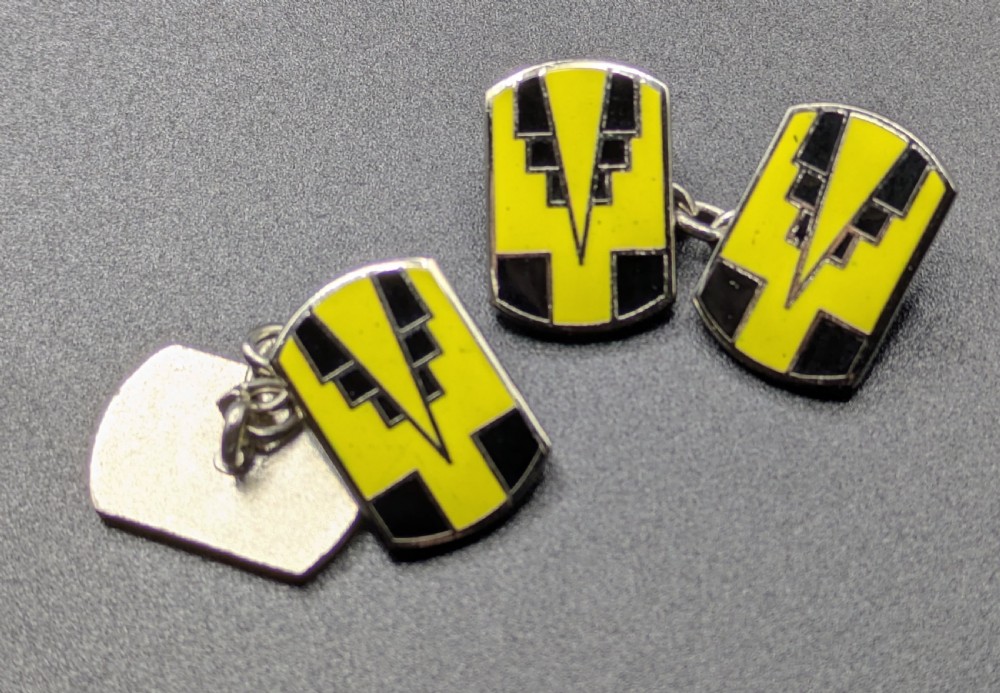 A pair of double-ended Art Deco cufflinks featuring geometric yellow and black enamel designs on silver metal mountings. View III