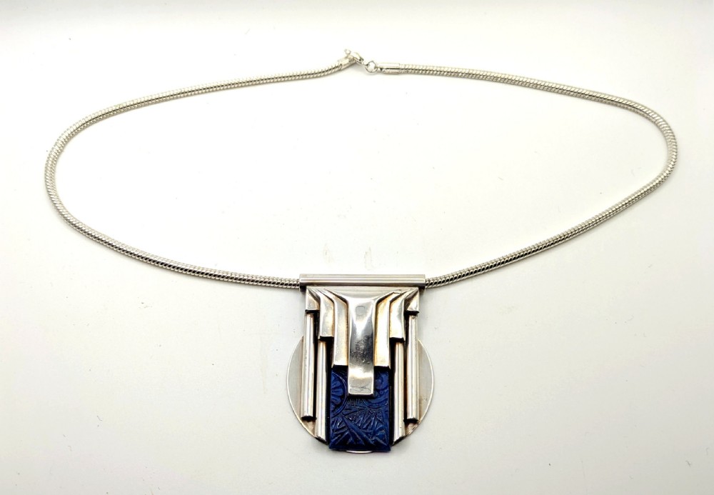Art Deco Style Modernist Silver Plated and Enamel Necklace View II