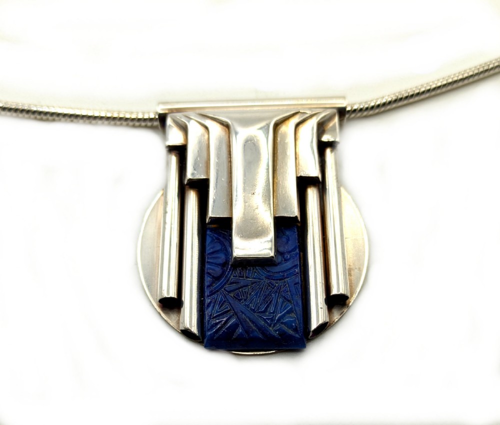 Art Deco Style Modernist Silver Plated and Enamel Necklace View IV