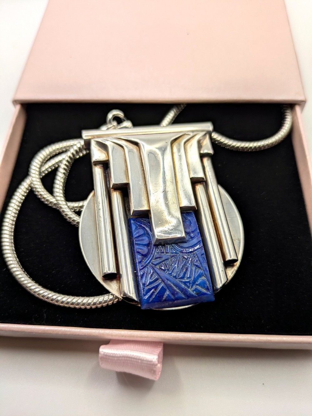 Art Deco Style Modernist Silver Plated and Enamel Necklace View VI