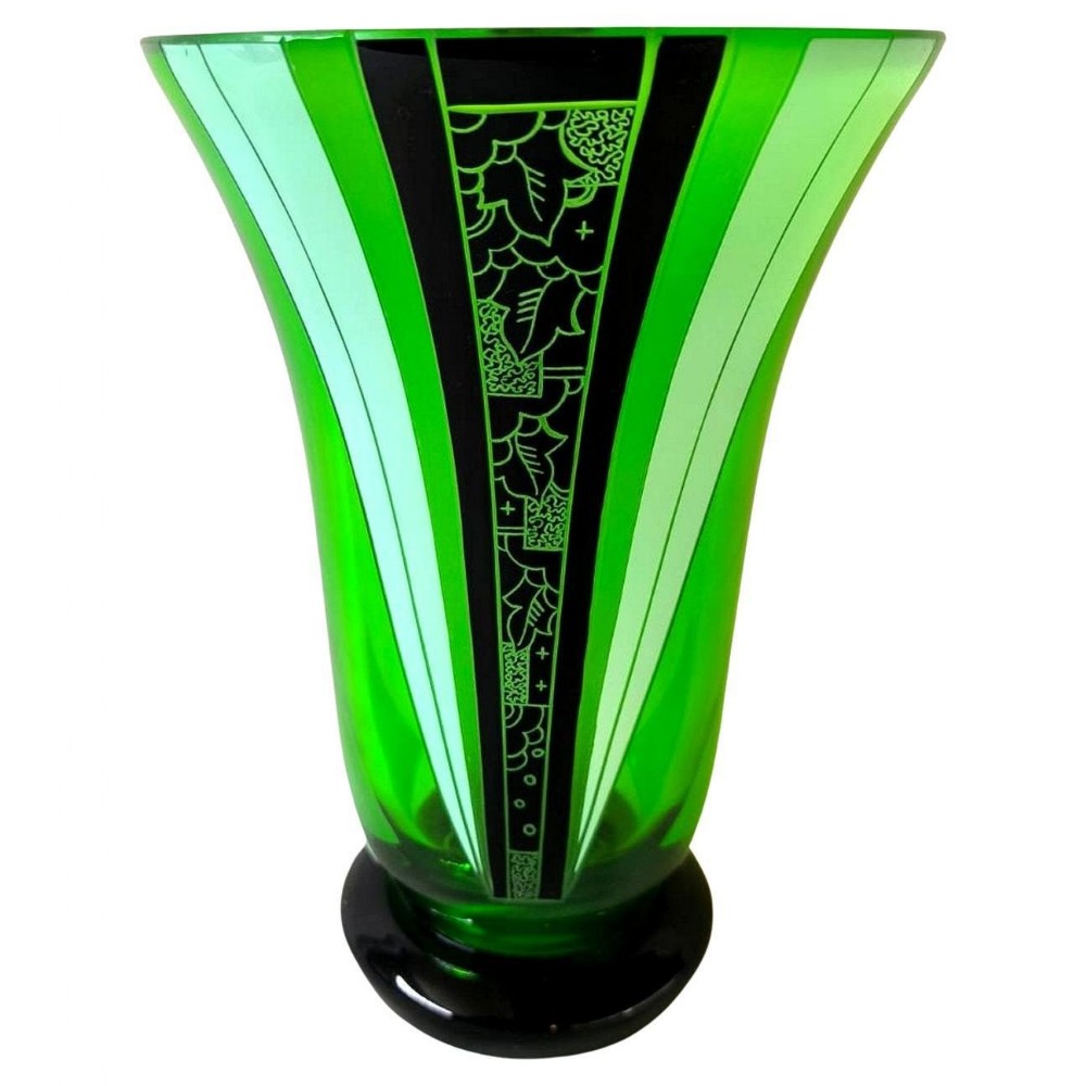 Art Deco Stunning Green & Black Enamel Glass Vase, c1930