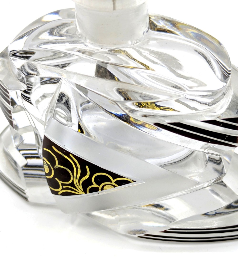 Geometric Art Deco clear glass perfume bottle with black enamel stripes, gold detailing, and a fan-shaped glass stopper. View VII