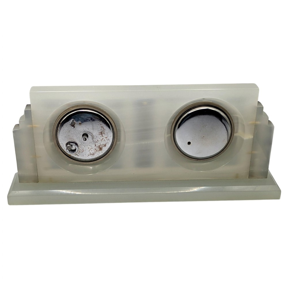 An Art Deco cream onyx desk weather station featuring a square barometer dial, central thermometer, and square clock face flanked by stepped blue lapis lazuli accents. View IV