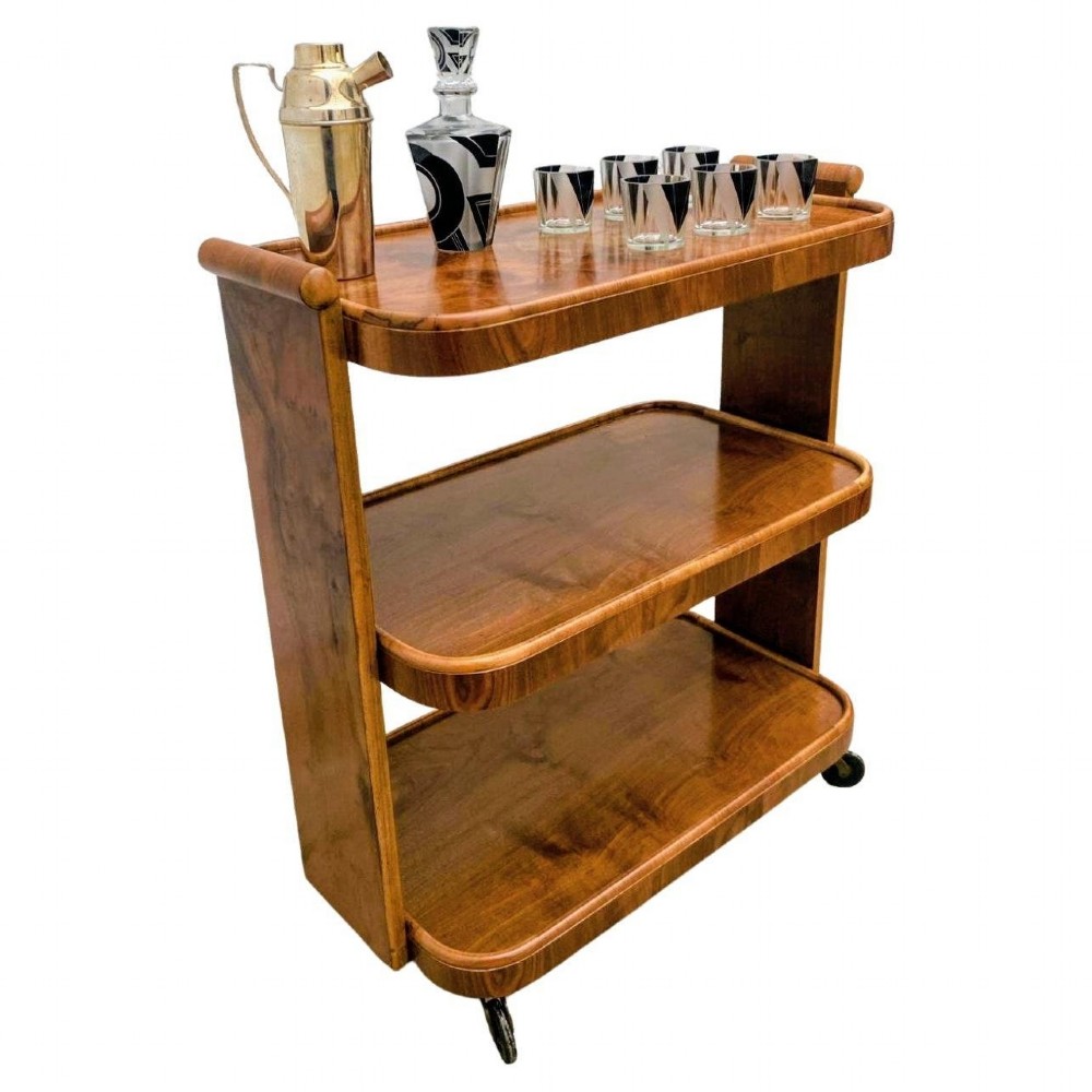 Art Deco Walnut Three Tier Drinks Trolley Cart, c1930