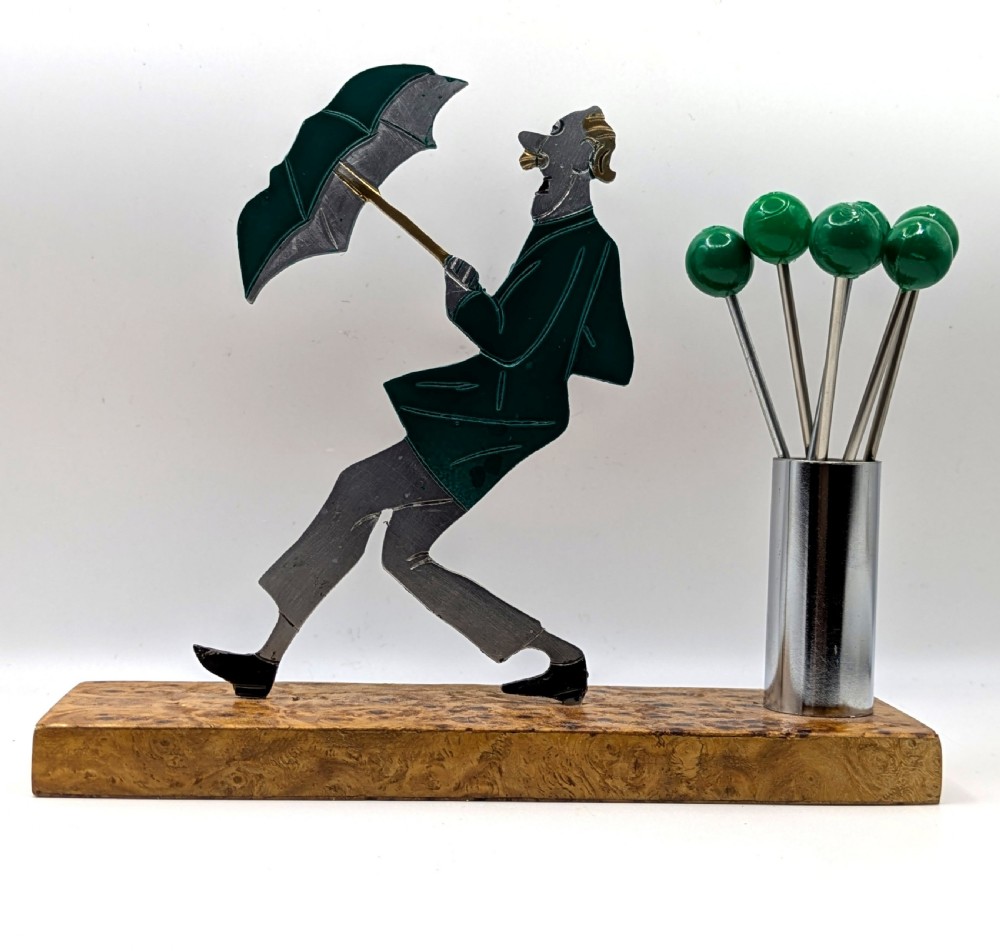 Art Deco Comical Man with Umbrella Cocktail Sticks By Sudre .c1930 View II