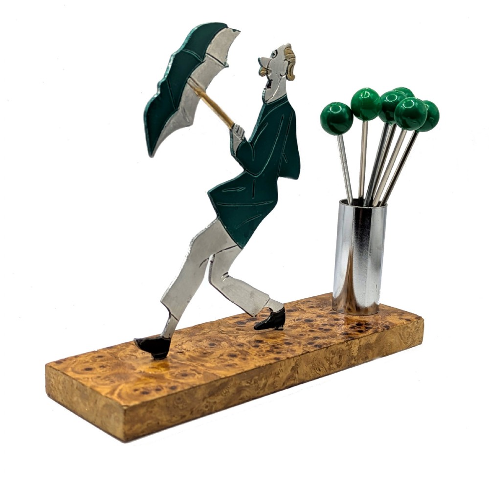 Art Deco Comical Man with Umbrella Cocktail Sticks By Sudre .c1930 View III