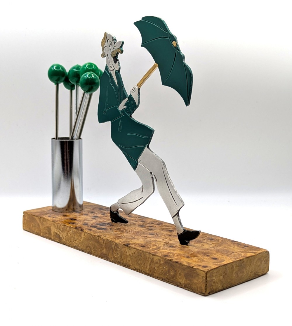 Art Deco Comical Man with Umbrella Cocktail Sticks By Sudre .c1930 View IV