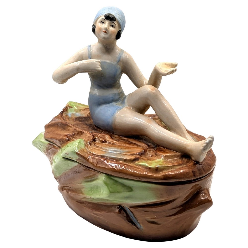 Art Deco Half Doll Bathing Belle Trinket Box, c1930 Germany D.P.E  View X