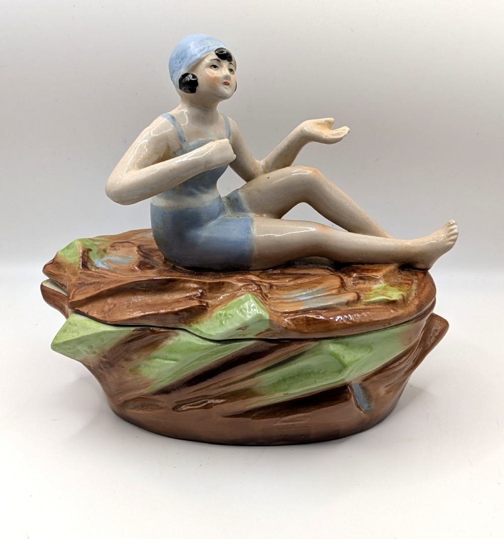 Art Deco Half Doll Bathing Belle Trinket Box, c1930 Germany D.P.E  View II