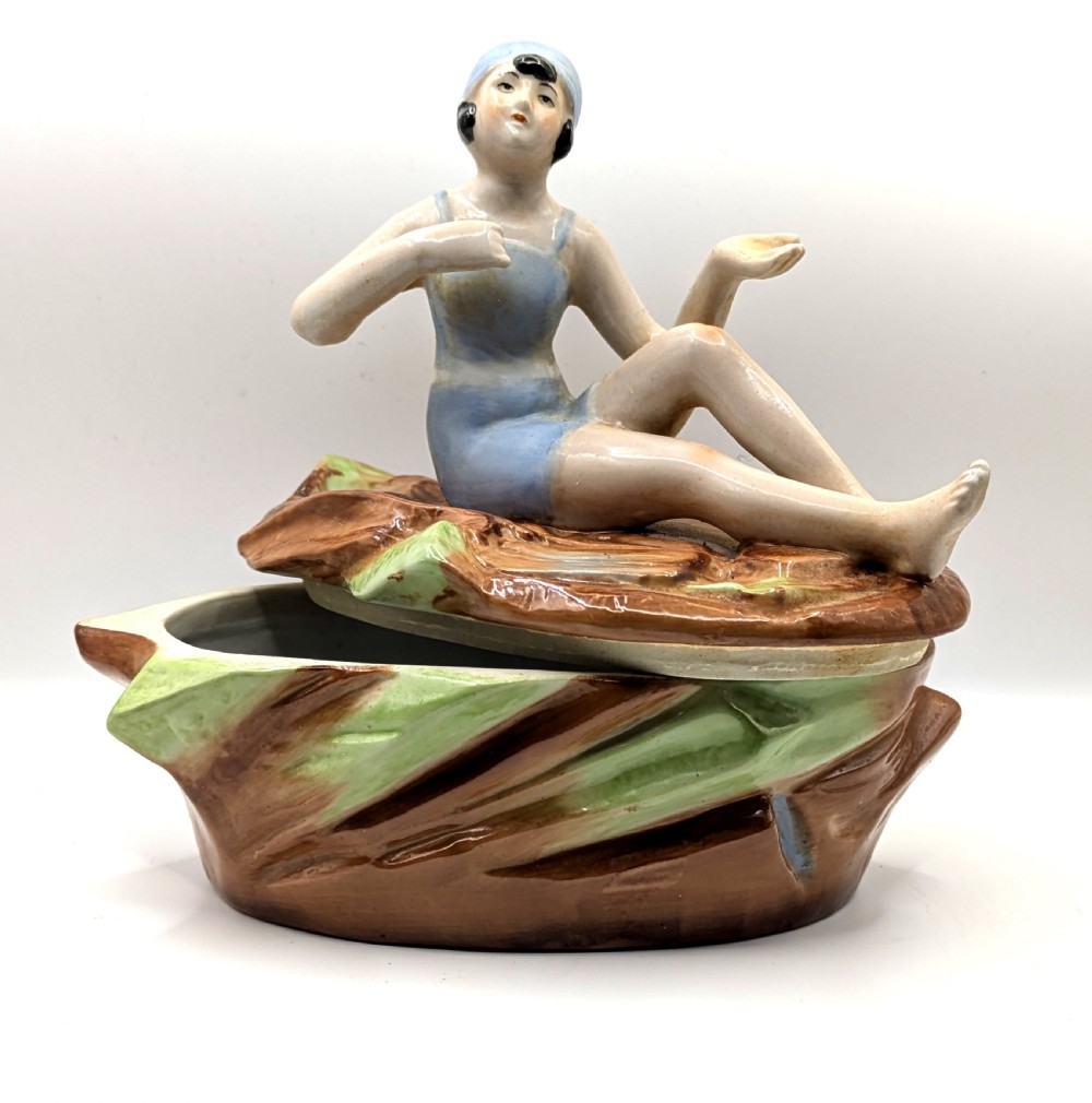 Art Deco Half Doll Bathing Belle Trinket Box, c1930 Germany D.P.E  View V