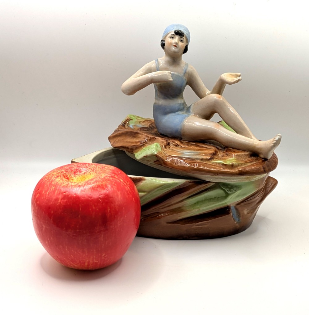 Art Deco Half Doll Bathing Belle Trinket Box, c1930 Germany D.P.E  View VI