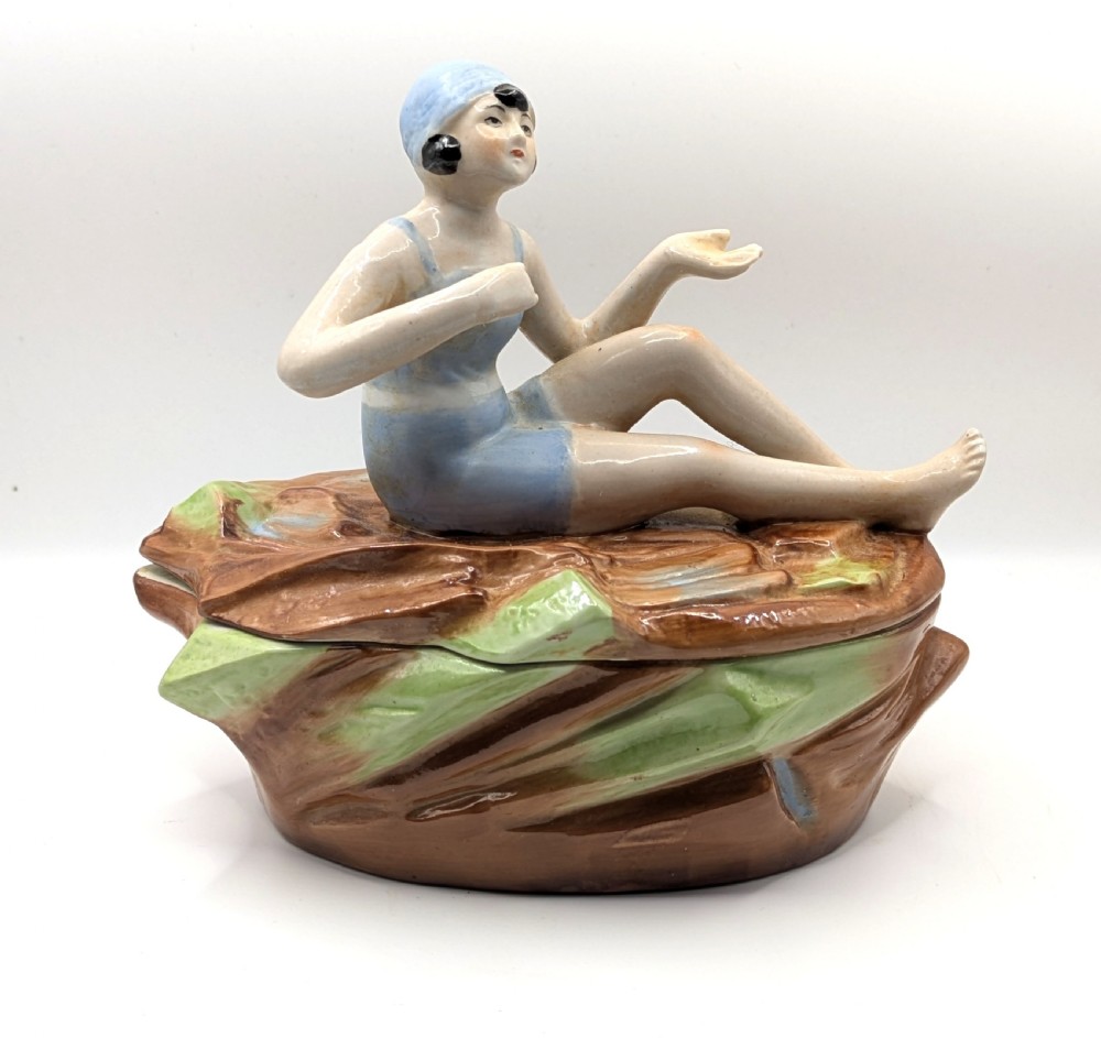 Art Deco Half Doll Bathing Belle Trinket Box, c1930 Germany D.P.E 